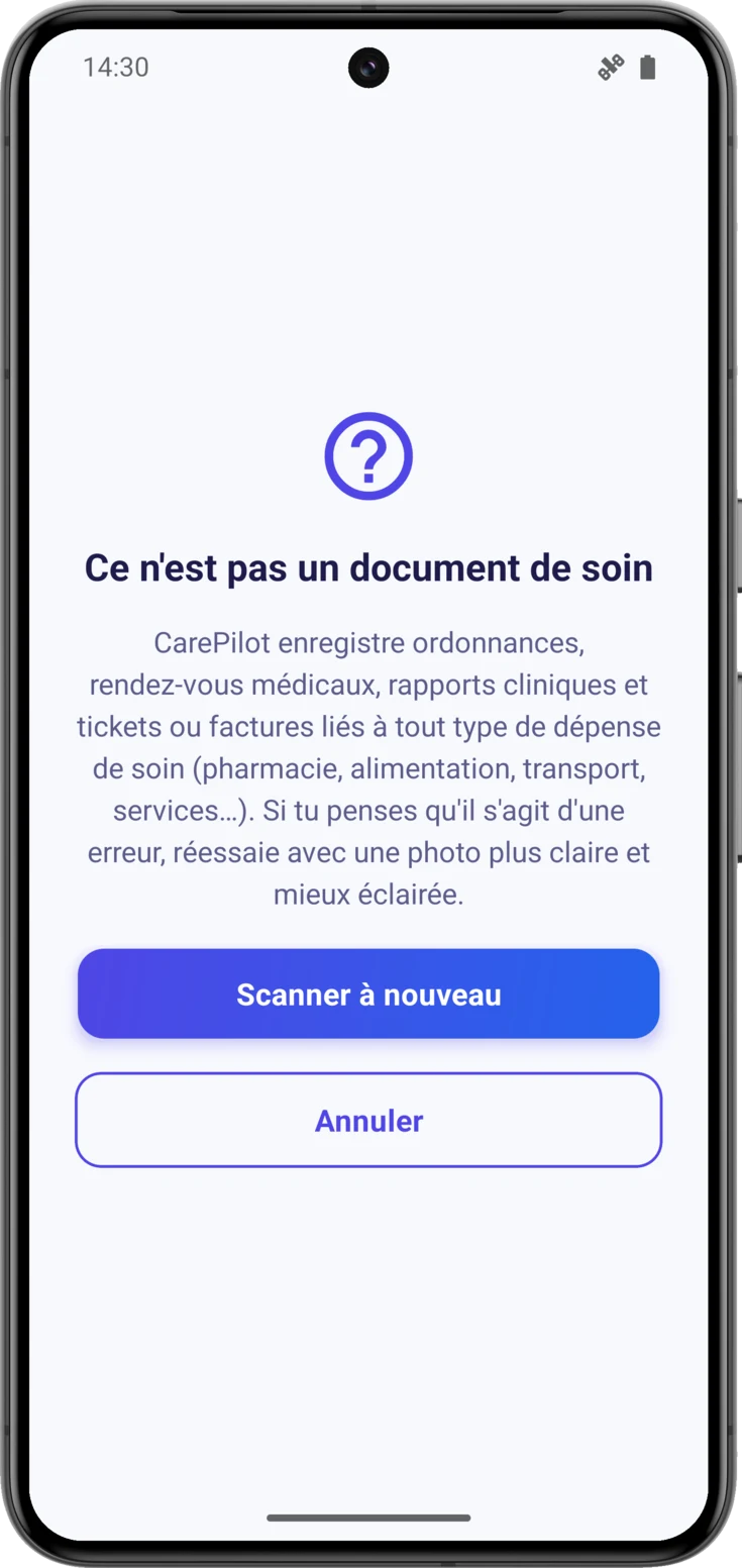 Message quand l'IA ne reconnaît pas le papier, avec «Scanner à nouveau» et «Annuler»