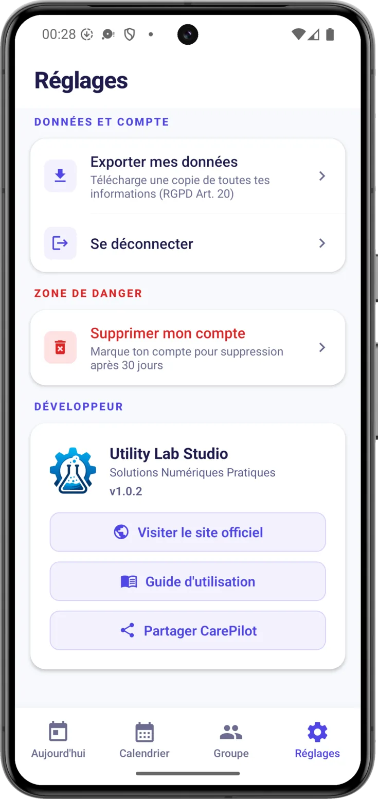 Le bloc du développeur, avec les cinq boutons et le numéro de version