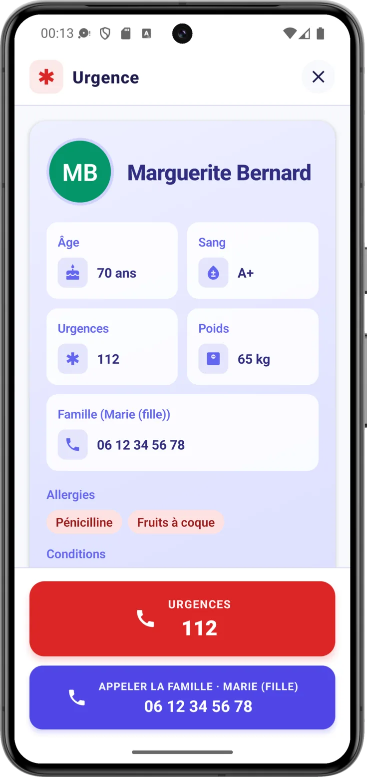 Fiche médicale sur l'écran d'urgence