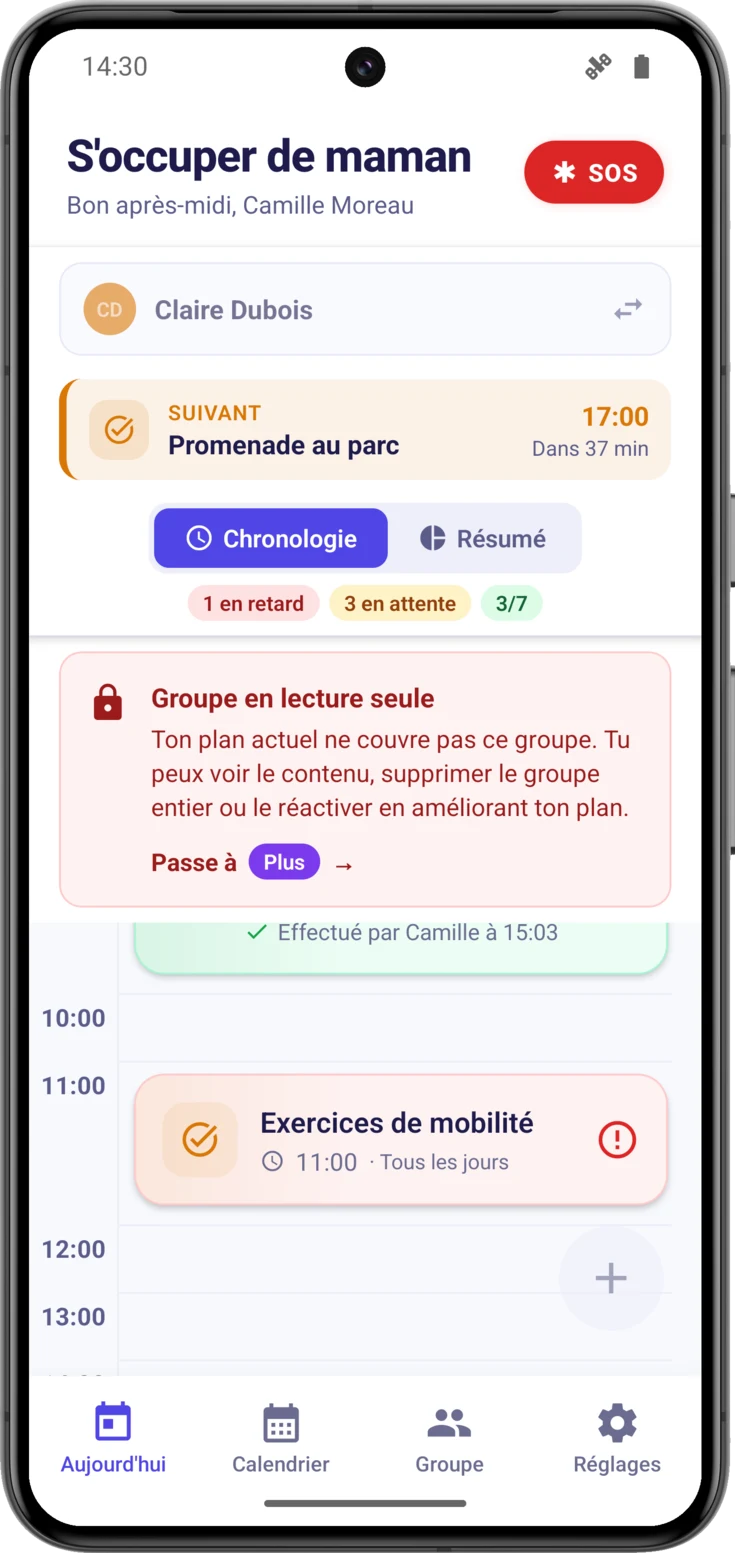 Bandeau rouge «Groupe en lecture seule» sur l'écran Aujourd'hui