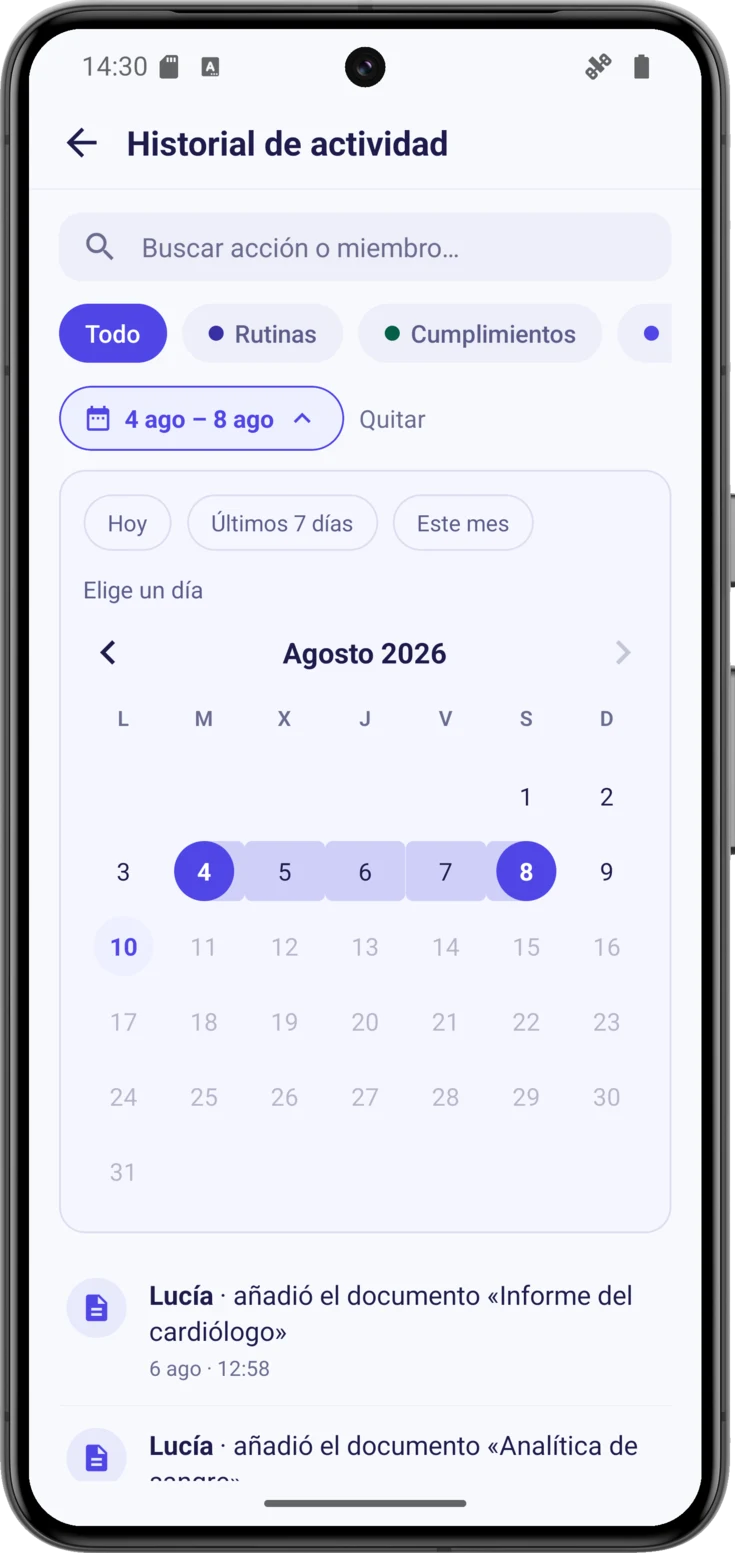 Filtro de fechas con un rango marcado