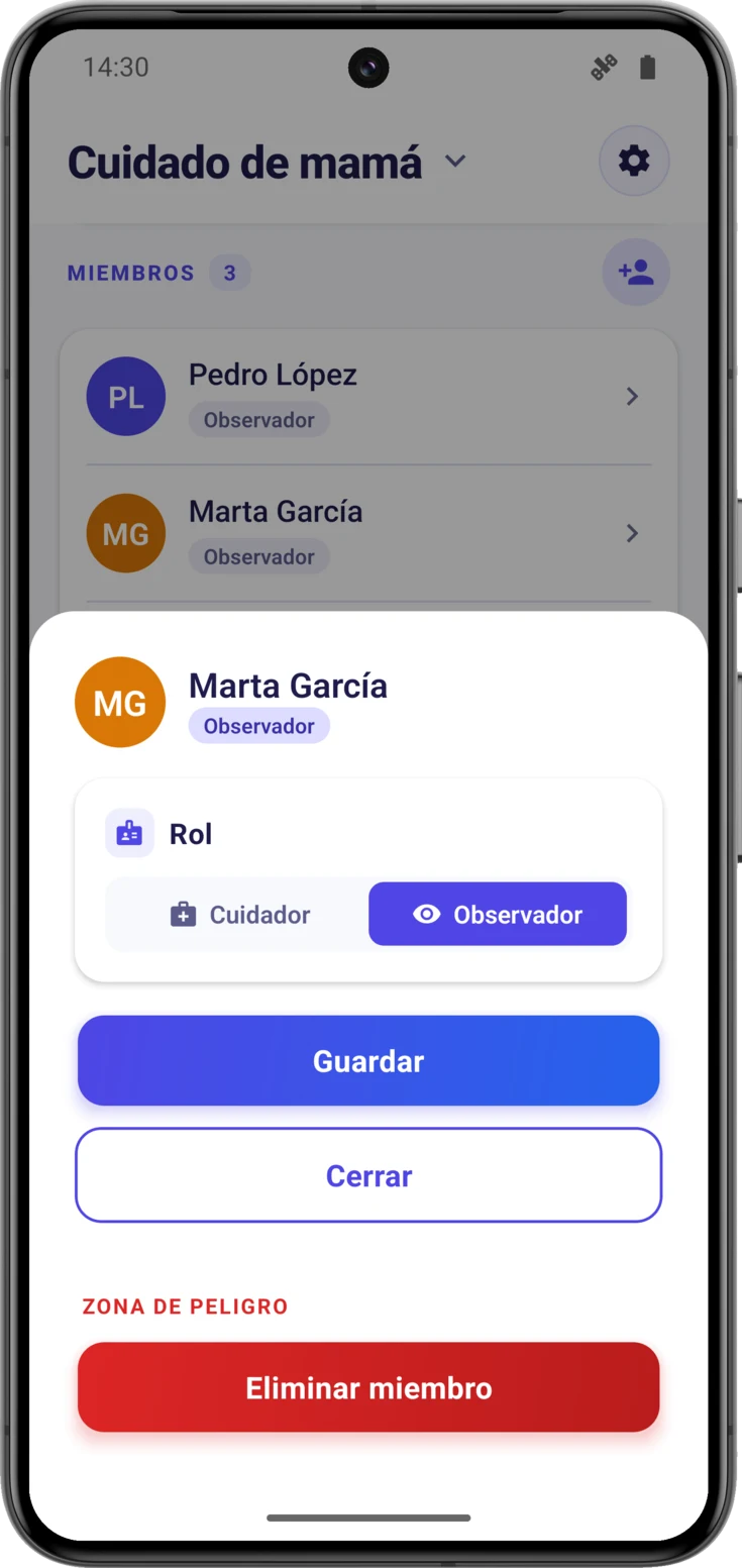 Editor de permisos con Observador seleccionado, sin interruptores debajo