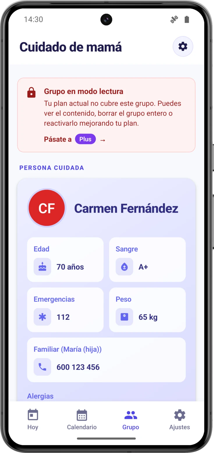 Franja roja «Grupo en modo lectura» encabezando la pantalla Grupo
