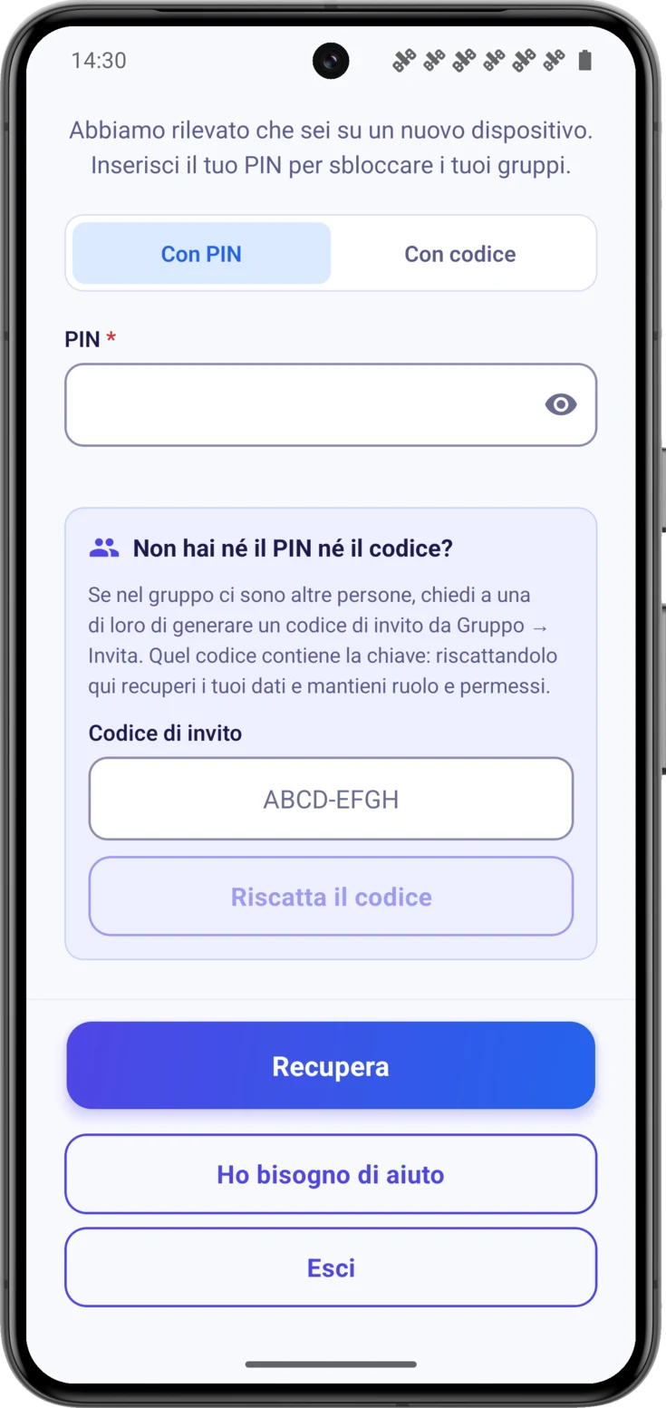Il blocco «Non hai né il PIN né il codice?», con il campo per il codice di invito