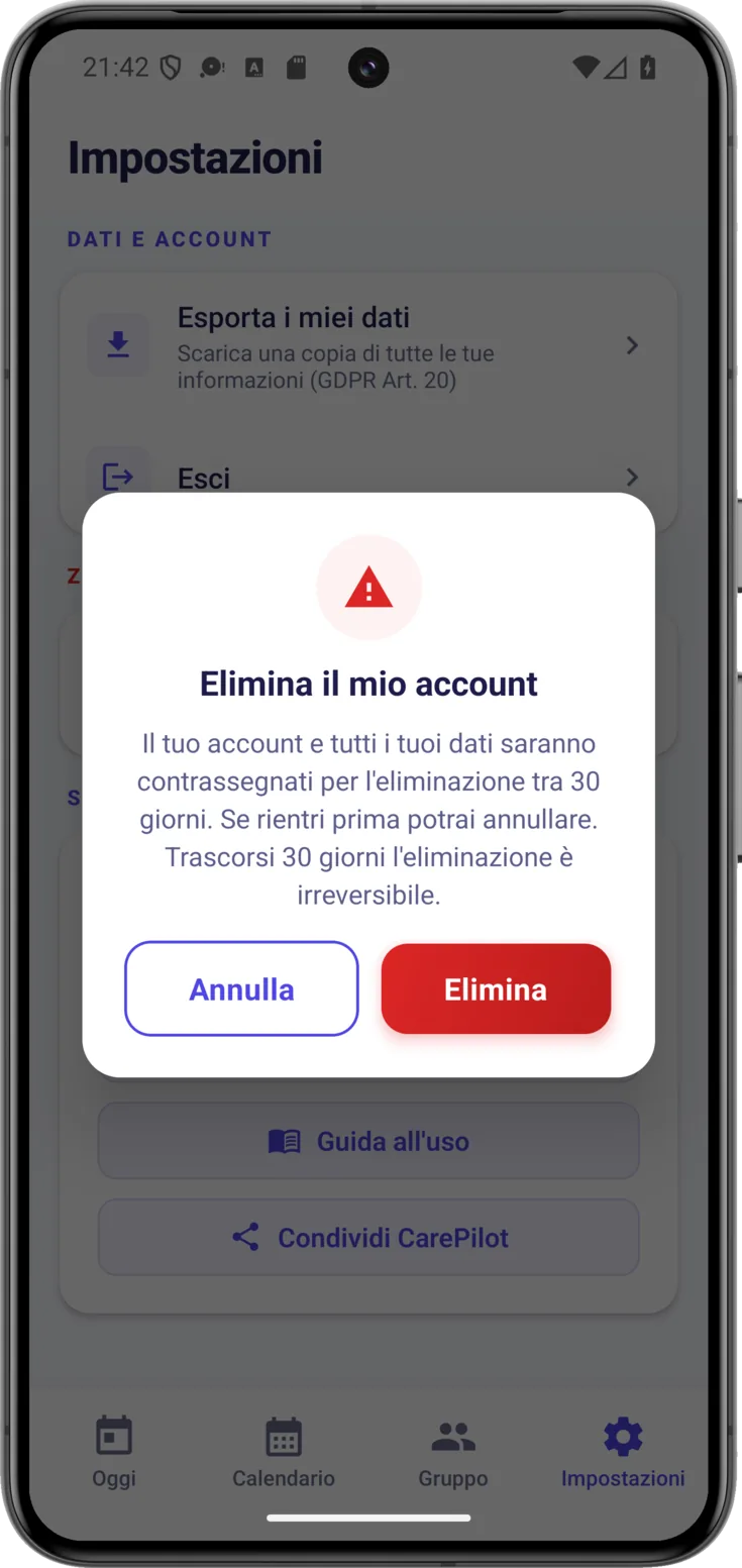 Elimina il mio account