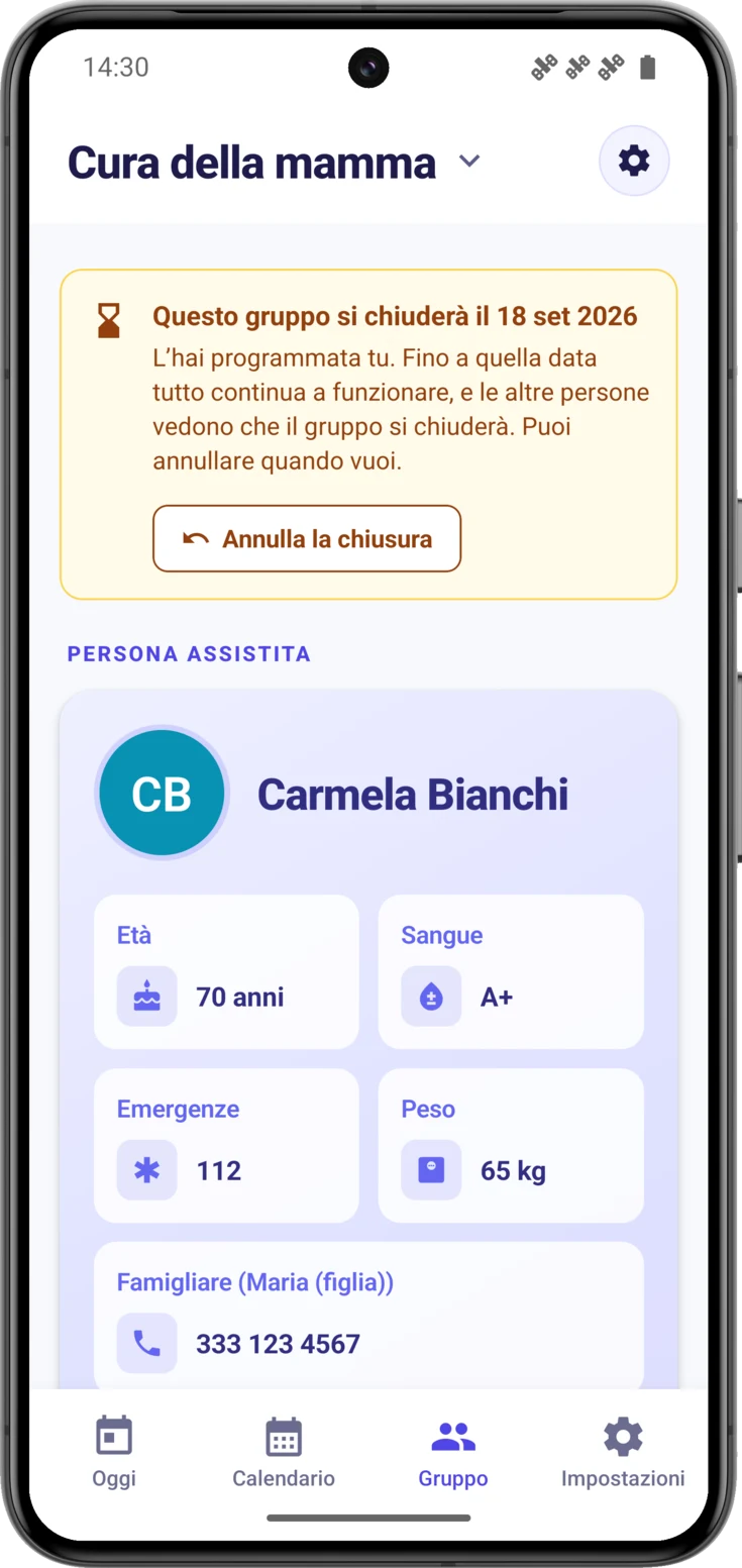 Fascia ambra «Questo gruppo si chiuderà il…» in testa alla schermata Gruppo