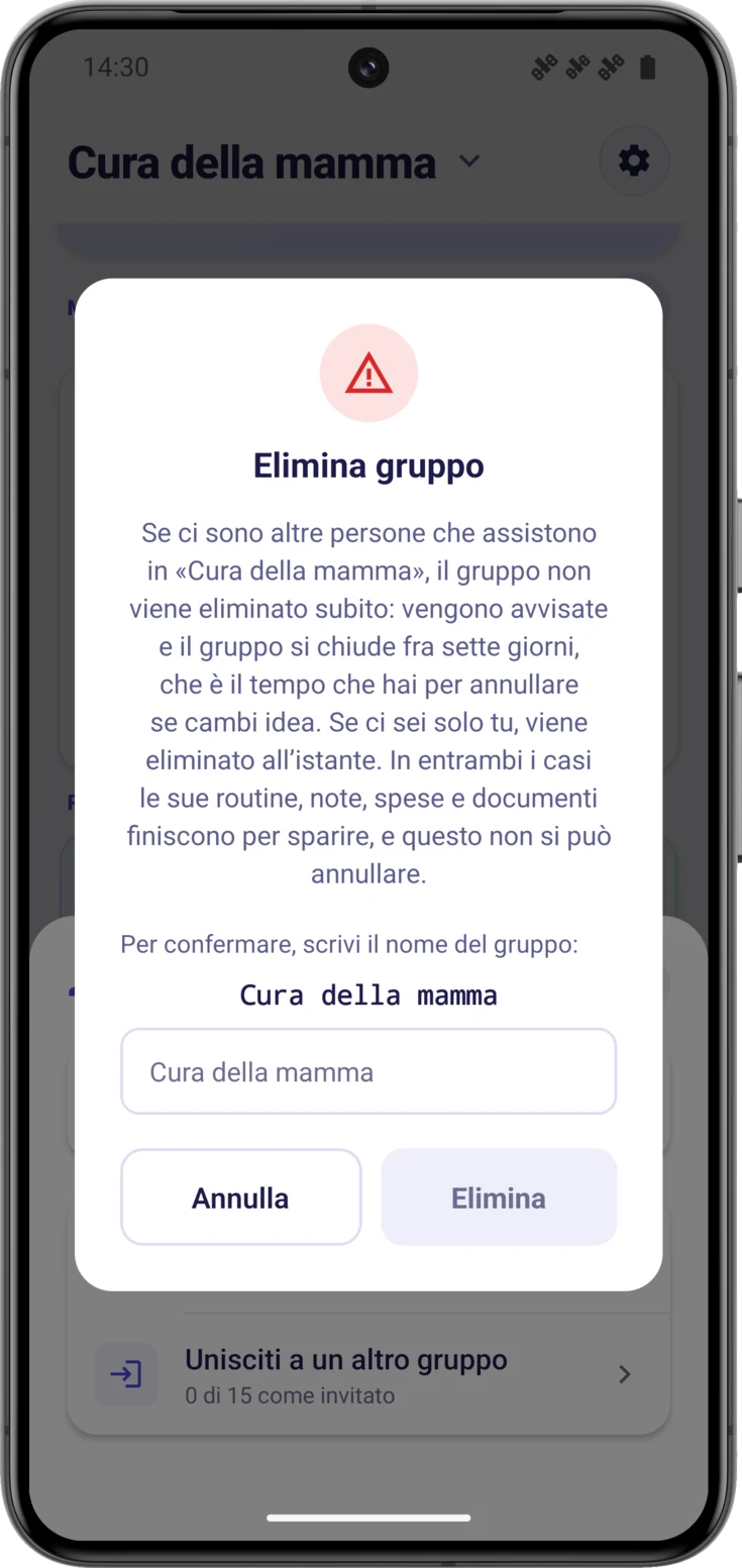 Finestra «Elimina gruppo», con il nome ancora da scrivere e il pulsante di eliminazione spento