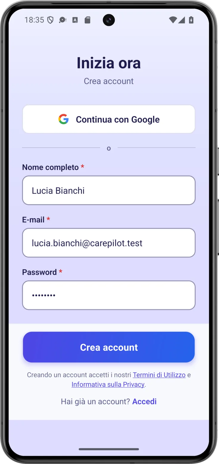 Pulsante Crea account