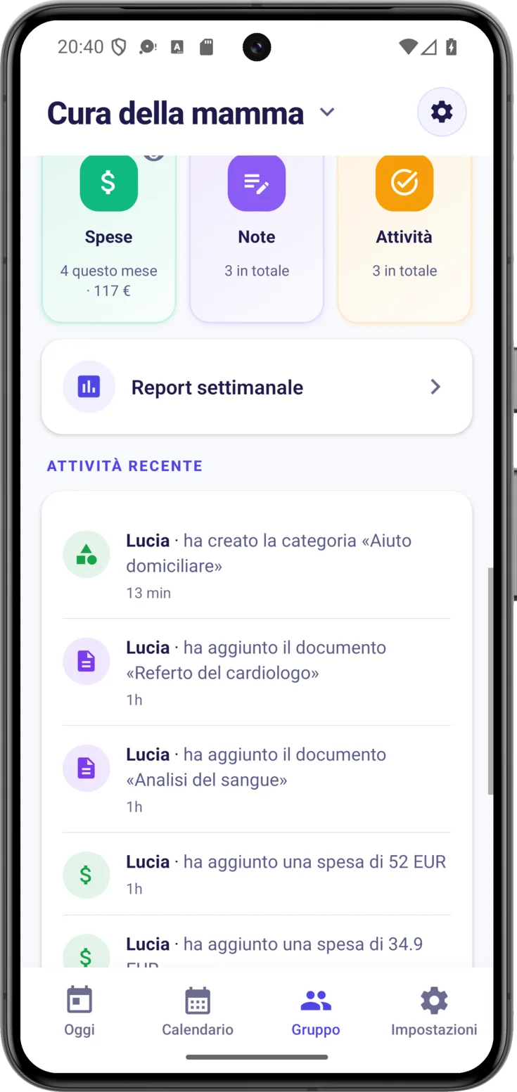 Report settimanale in Gruppo