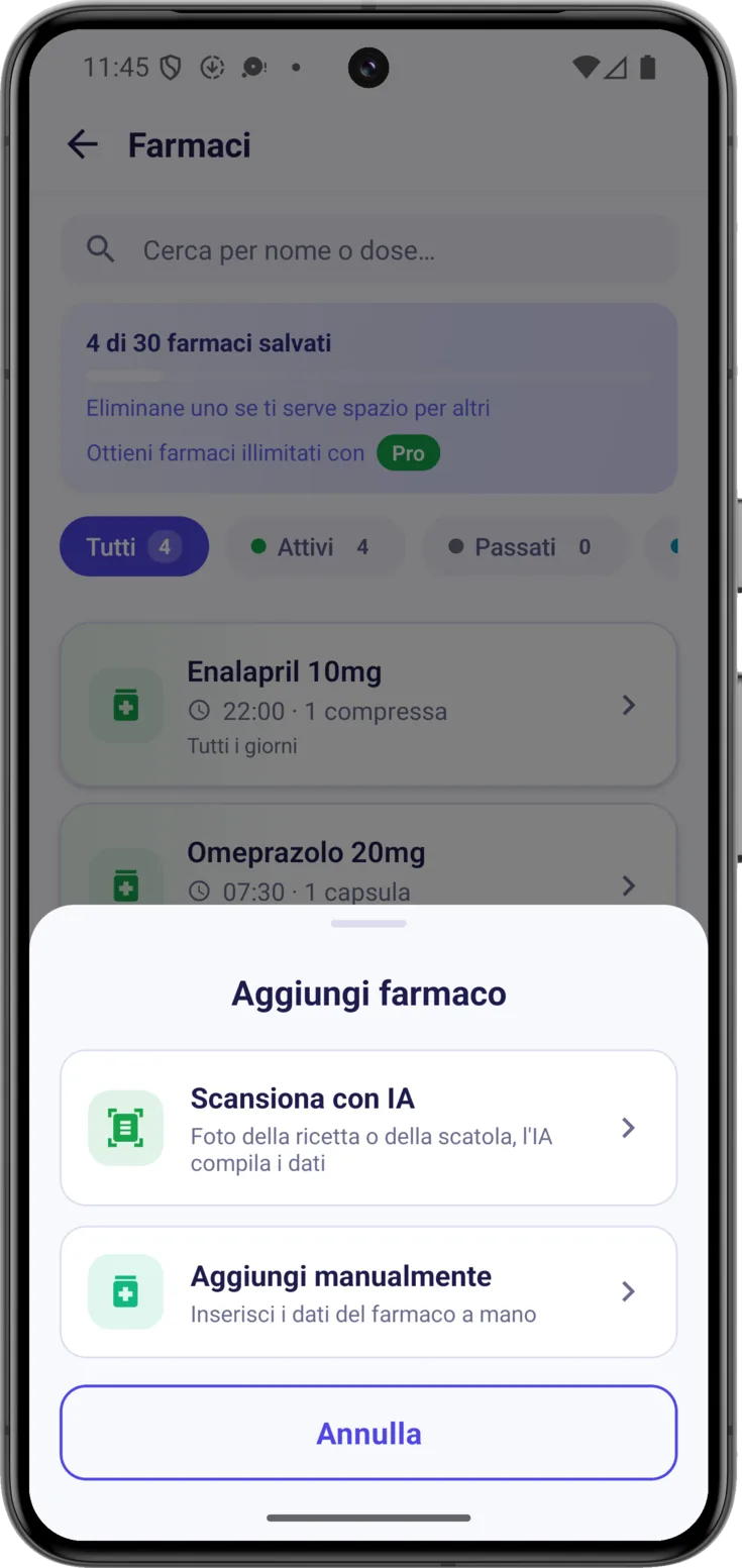 Il foglio «Aggiungi farmaco», con i due modi di crearla