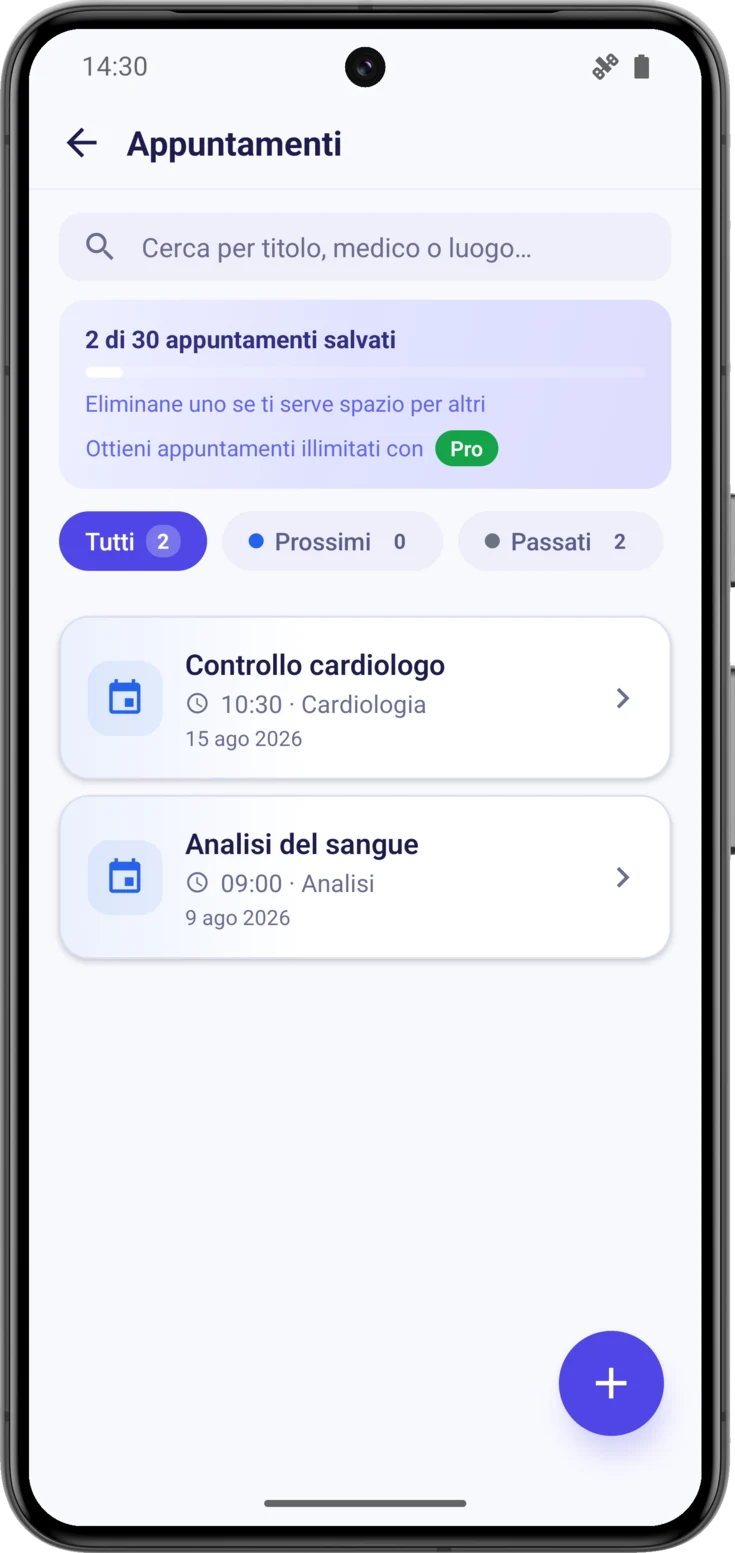 Elenco degli Appuntamenti, con «Prossimi» nel secondo filtro