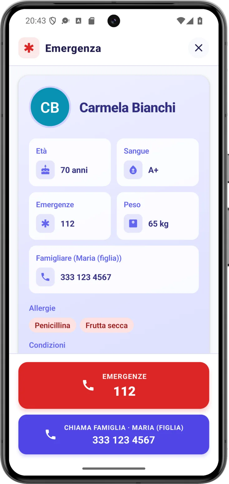 Scheda medica nella schermata di emergenza