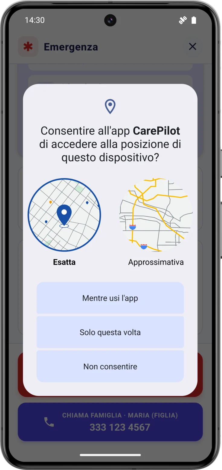 Finestra di sistema che chiede il permesso di localizzazione