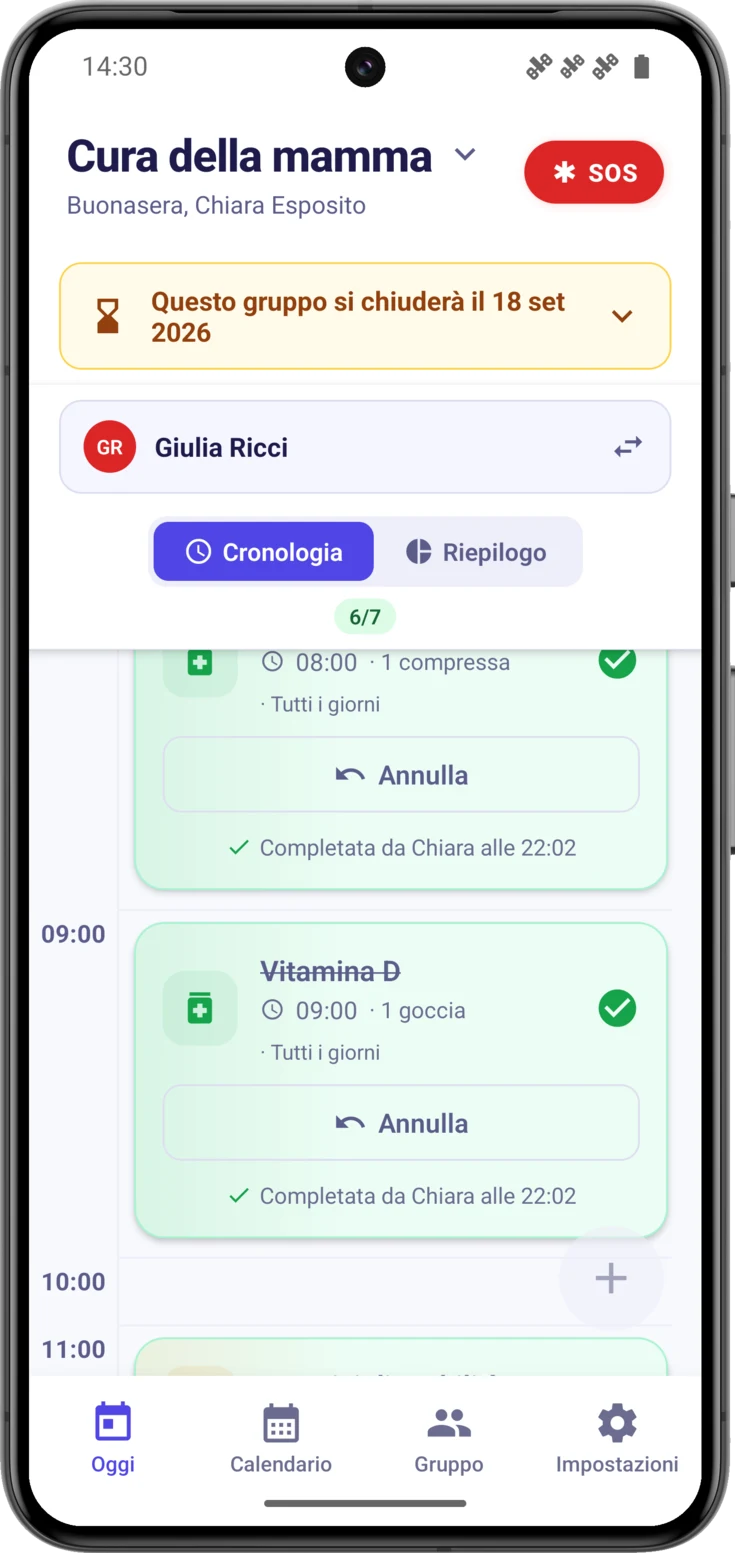 Banner richiuso «Questo gruppo si chiuderà il…», con le assunzioni della giornata segnate e il + spento