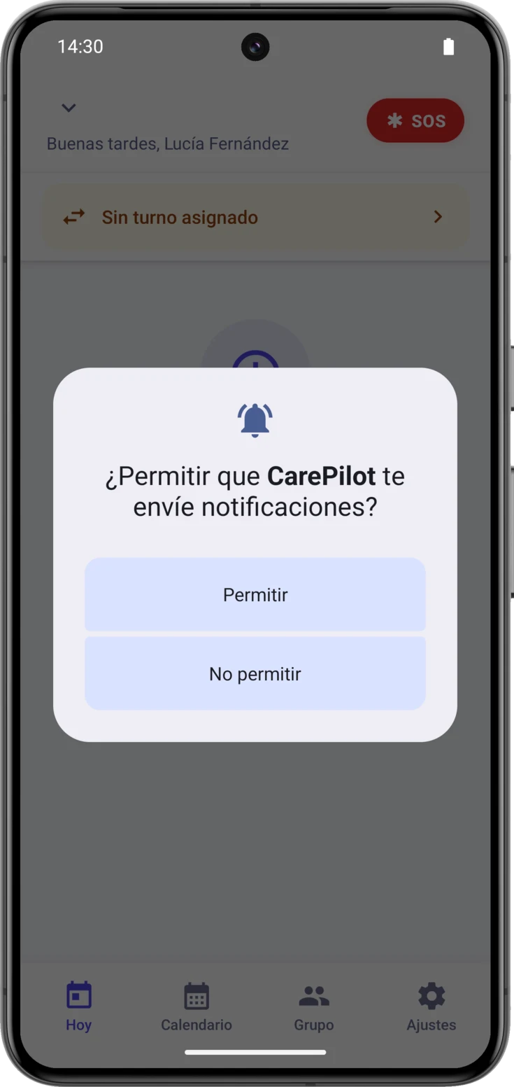 Diálogo del sistema pidiendo permiso de notificaciones, encima de la pantalla Hoy