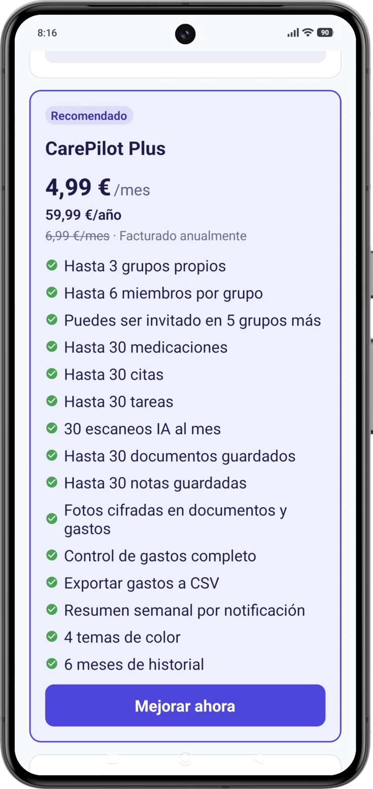La tarjeta de Plus entera, con la etiqueta «Recomendado» y el botón «Mejorar ahora»