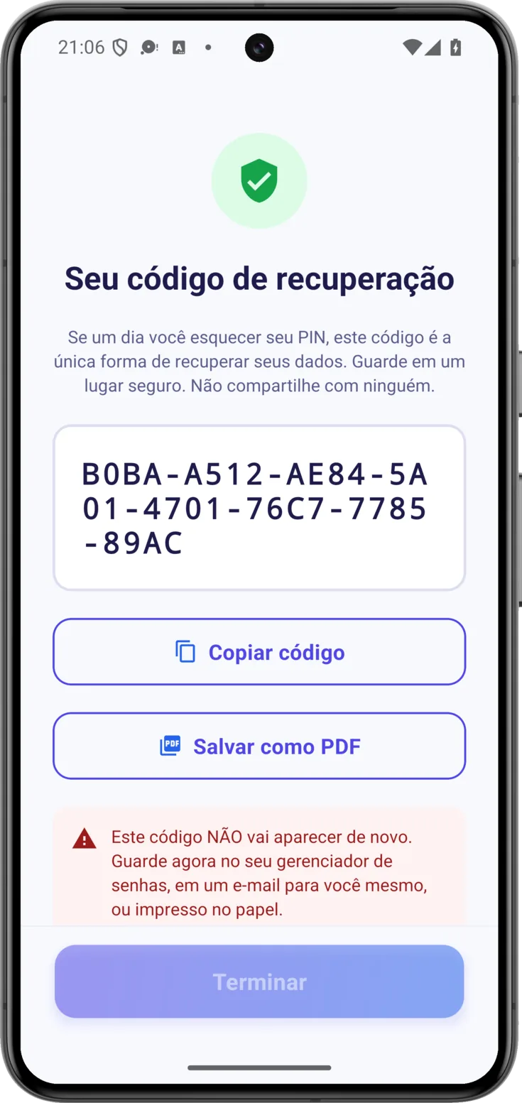 Seu código de recuperação