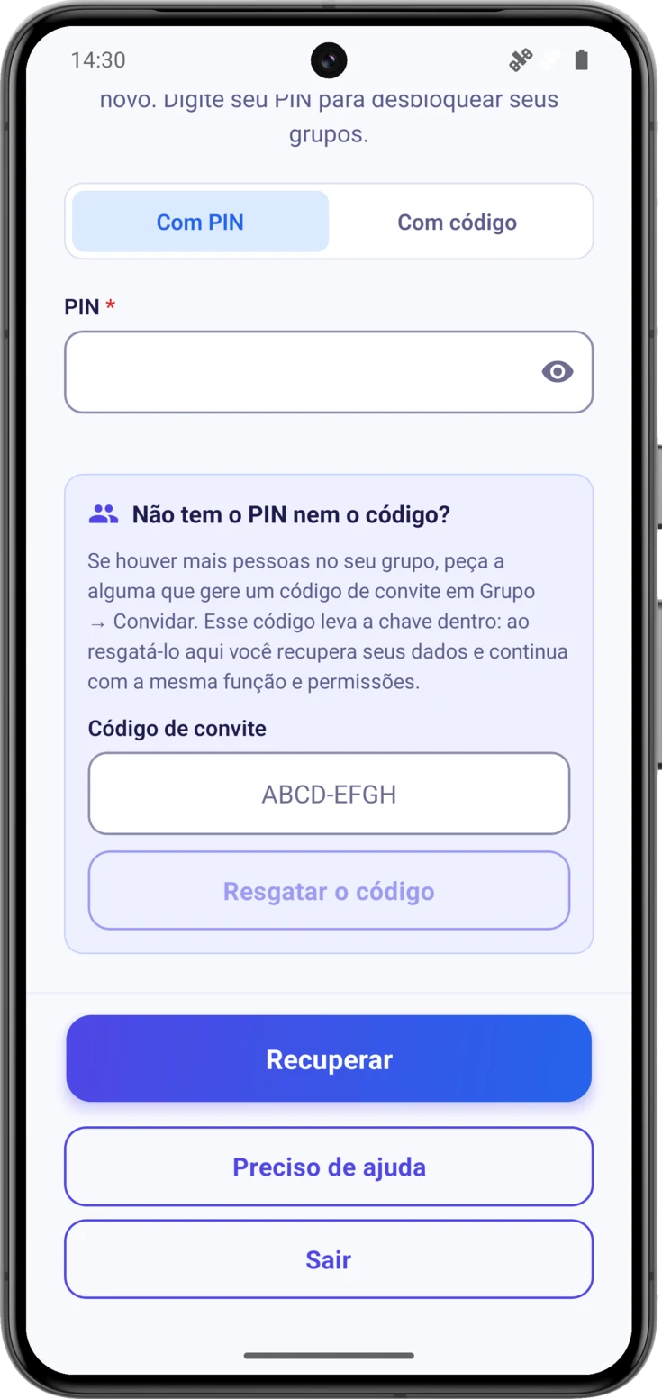 O bloco «Não tem o PIN nem o código?», com o campo para o código de convite