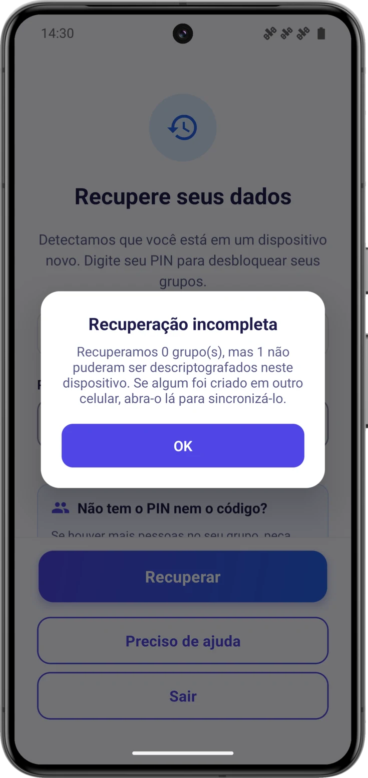 Aviso de recuperação incompleta, com a contagem de grupos recuperados e de grupos que falharam