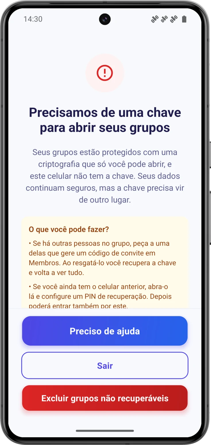 Tela «Precisamos de uma chave», com as três opções e os botões do rodapé