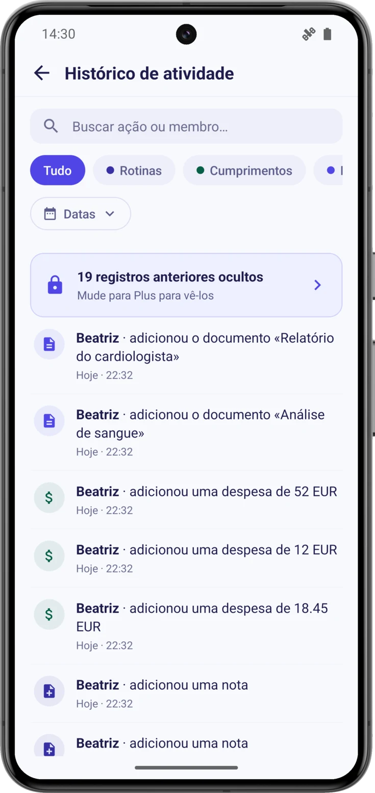 Aviso de registros anteriores ocultos, acima da lista