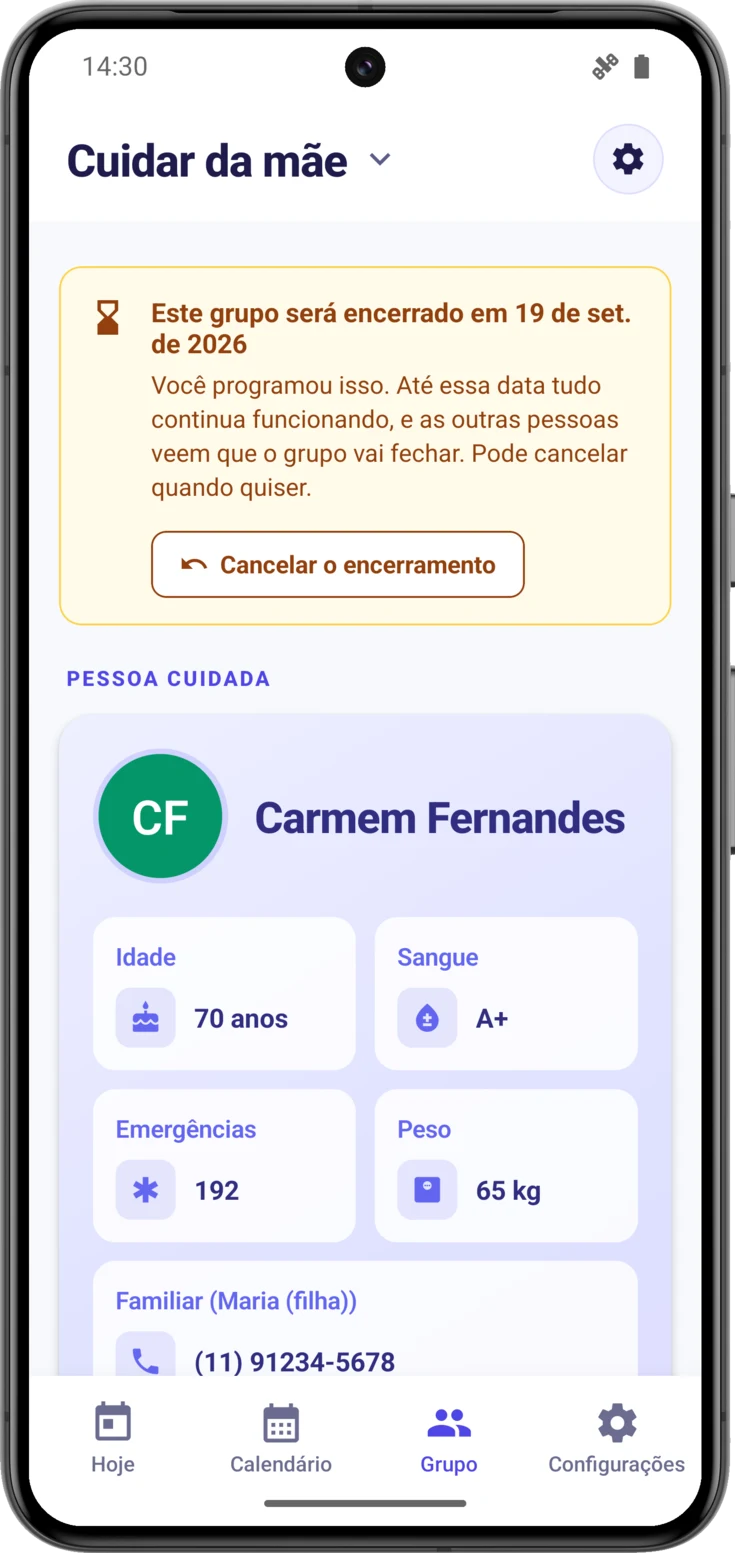 Faixa âmbar «Este grupo será encerrado em…» encabeçando a tela Grupo