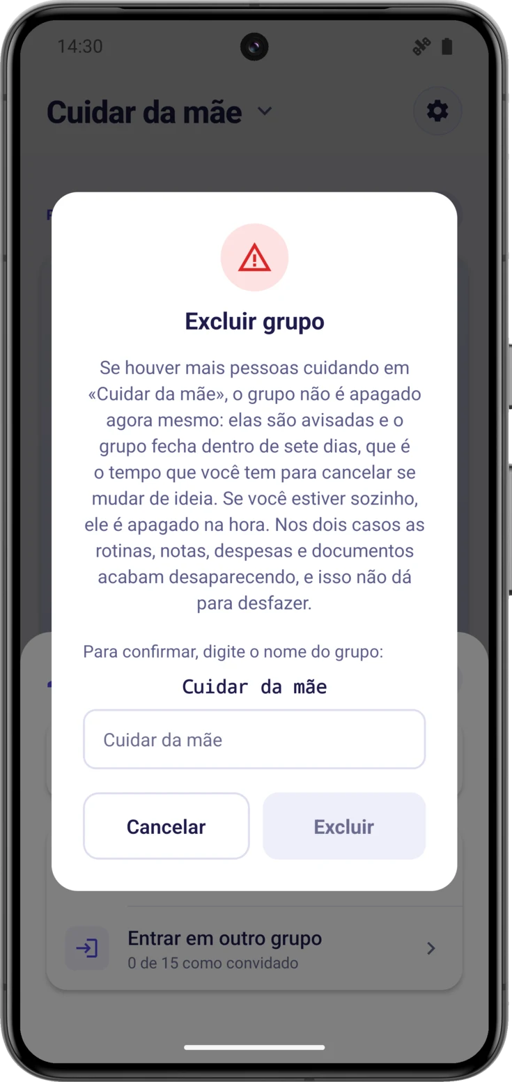 Caixa «Excluir grupo», com o nome ainda por escrever e o botão de excluir apagado