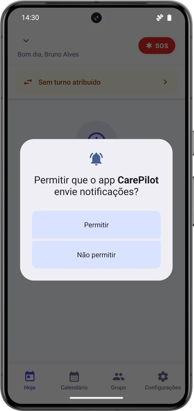 Diálogo do sistema pedindo permissão de notificações, sobre a tela Hoje