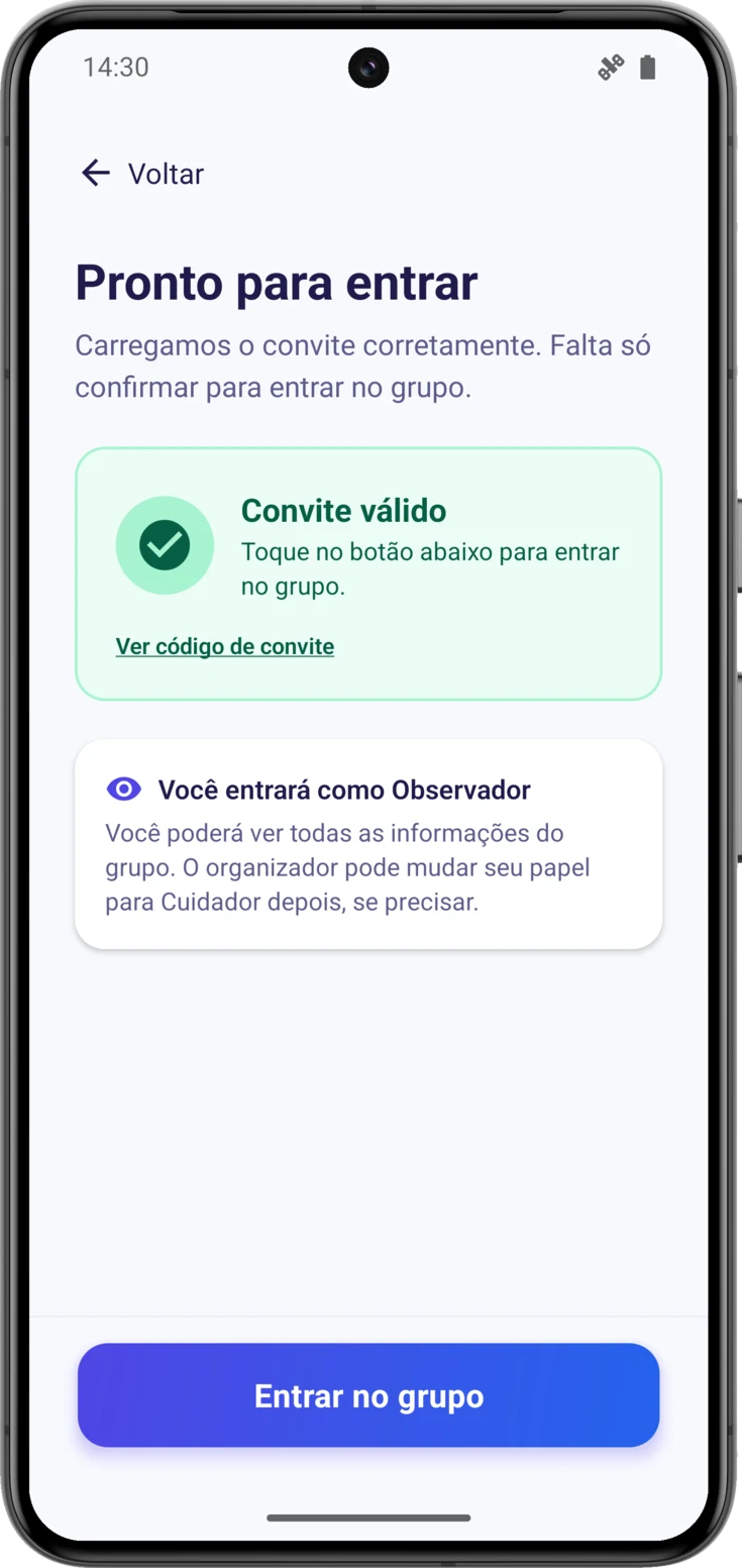 Tela «Pronto para entrar» com o cartão verde de convite válido