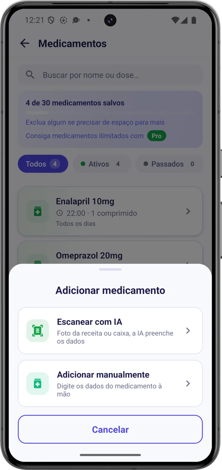 A folha «Adicionar medicamento», com as duas formas de criá-la