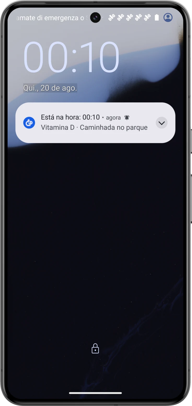 O aviso na tela de bloqueio, com o horário e o que toca naquele horário