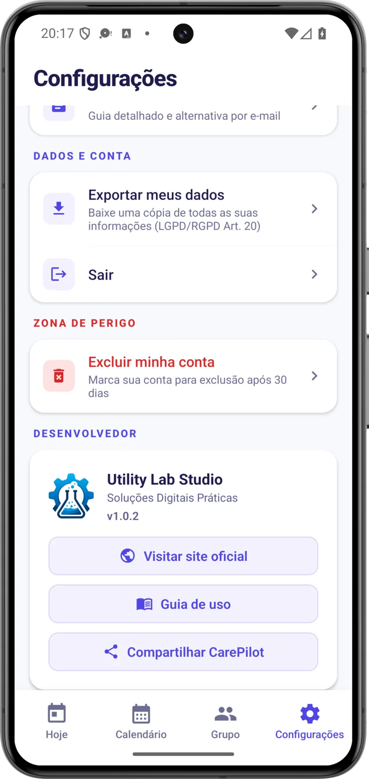 O bloco do desenvolvedor, com os cinco botões e o número da versão