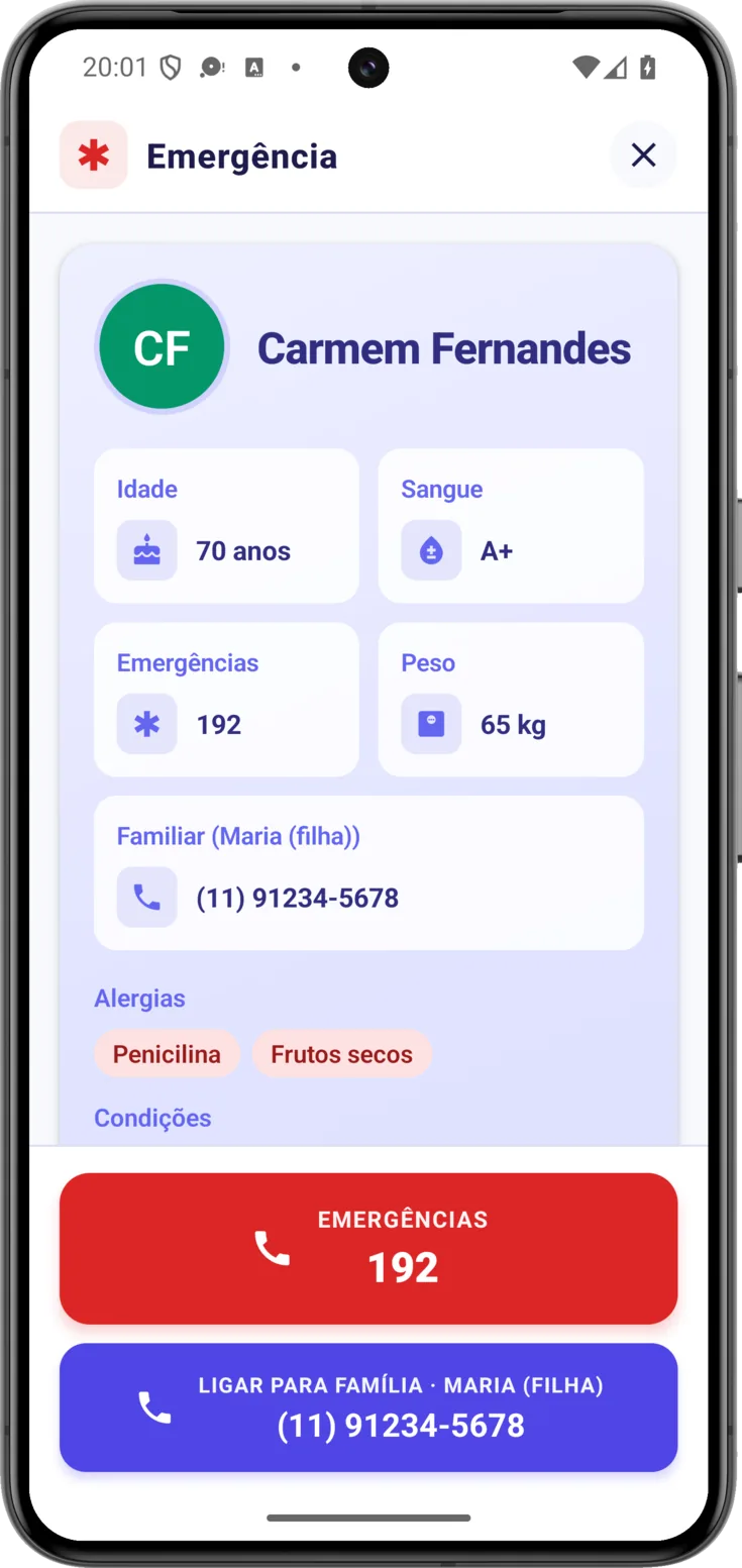 Ficha médica na tela de emergência