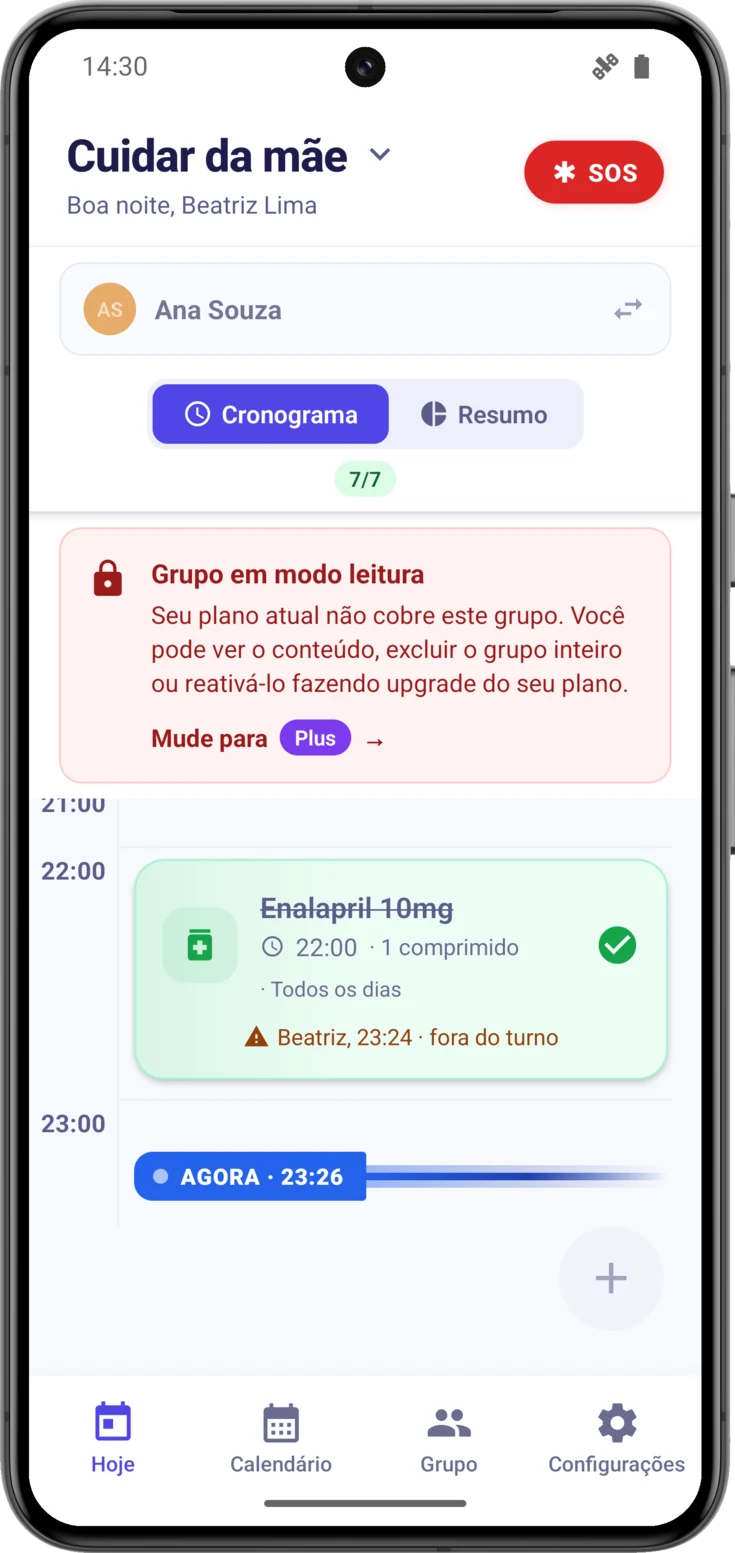Banner vermelho «Grupo em modo leitura» na tela Hoje