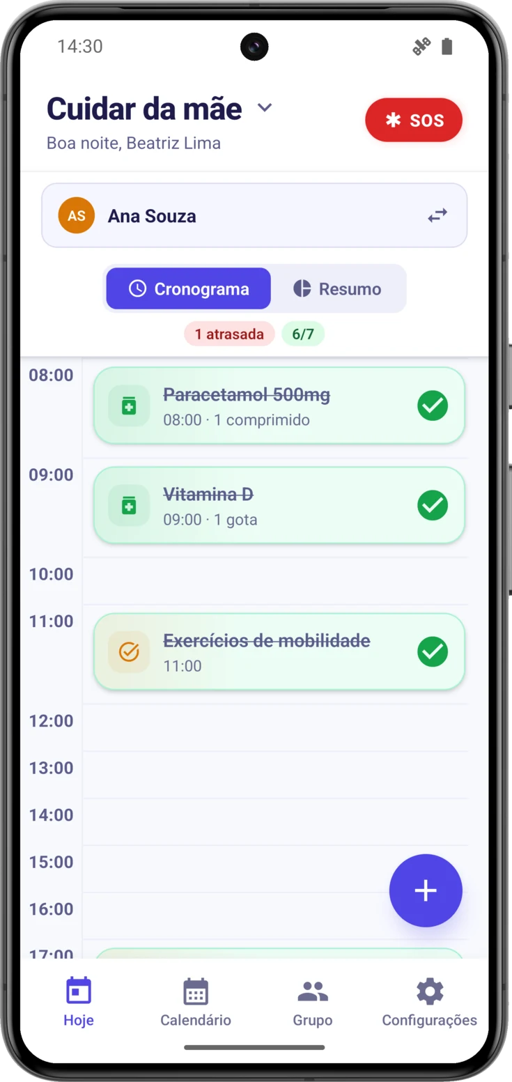 Cronograma com os cartões em Compacta: uma linha por rotina e o círculo de estado à direita