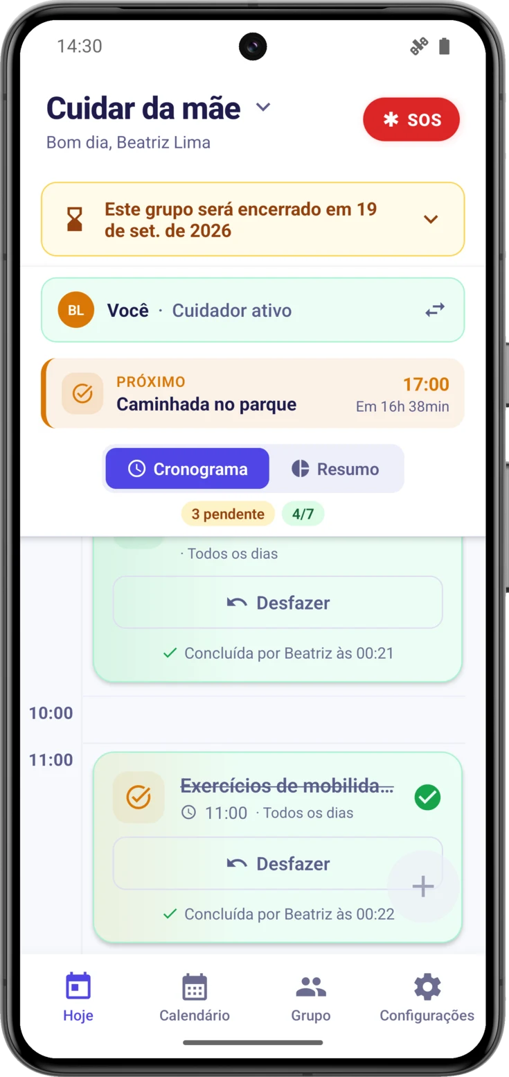 Banner recolhido «Este grupo será encerrado em…», com as doses do dia marcadas e o + apagado