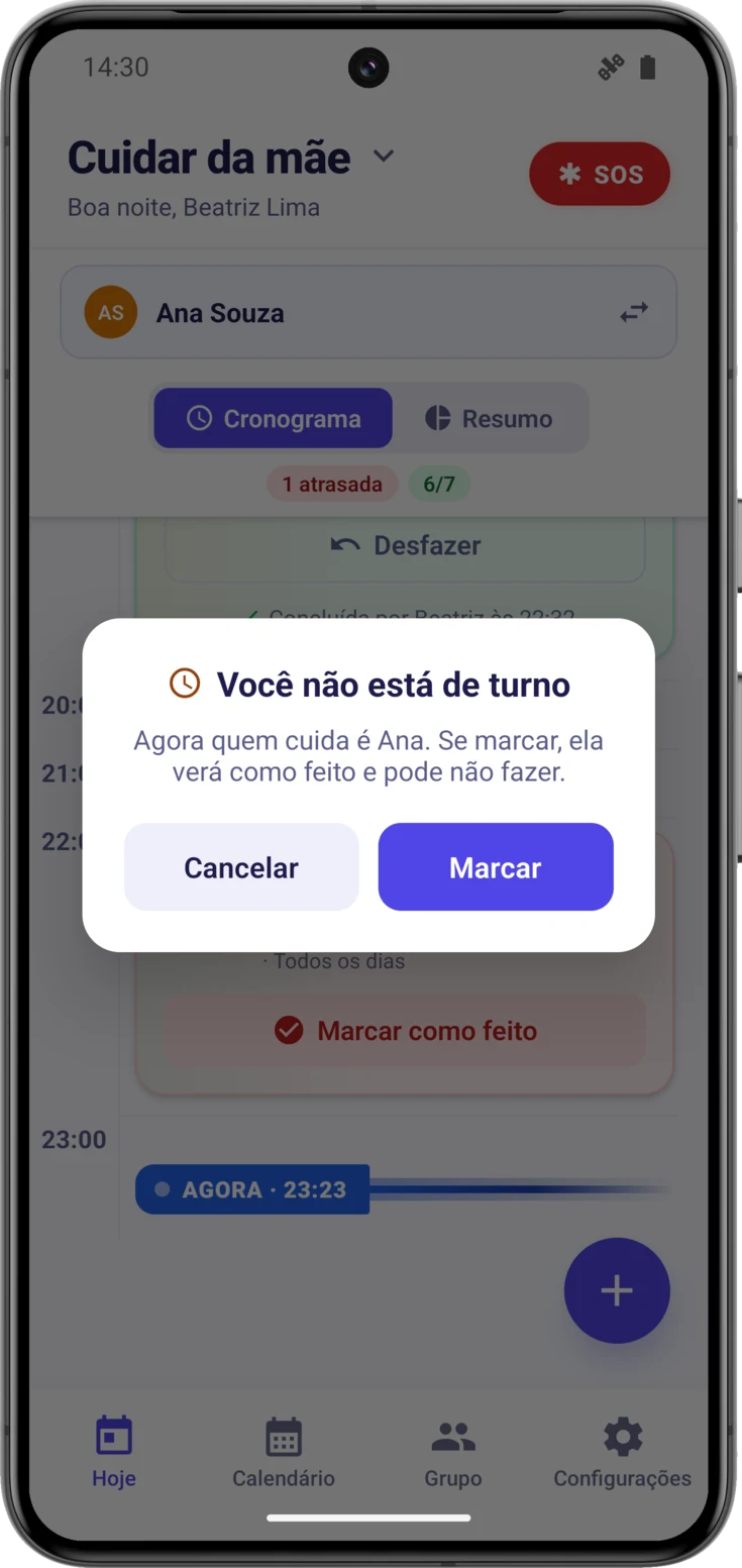 Diálogo «Você não está de turno» ao marcar uma dose sem estar com o turno