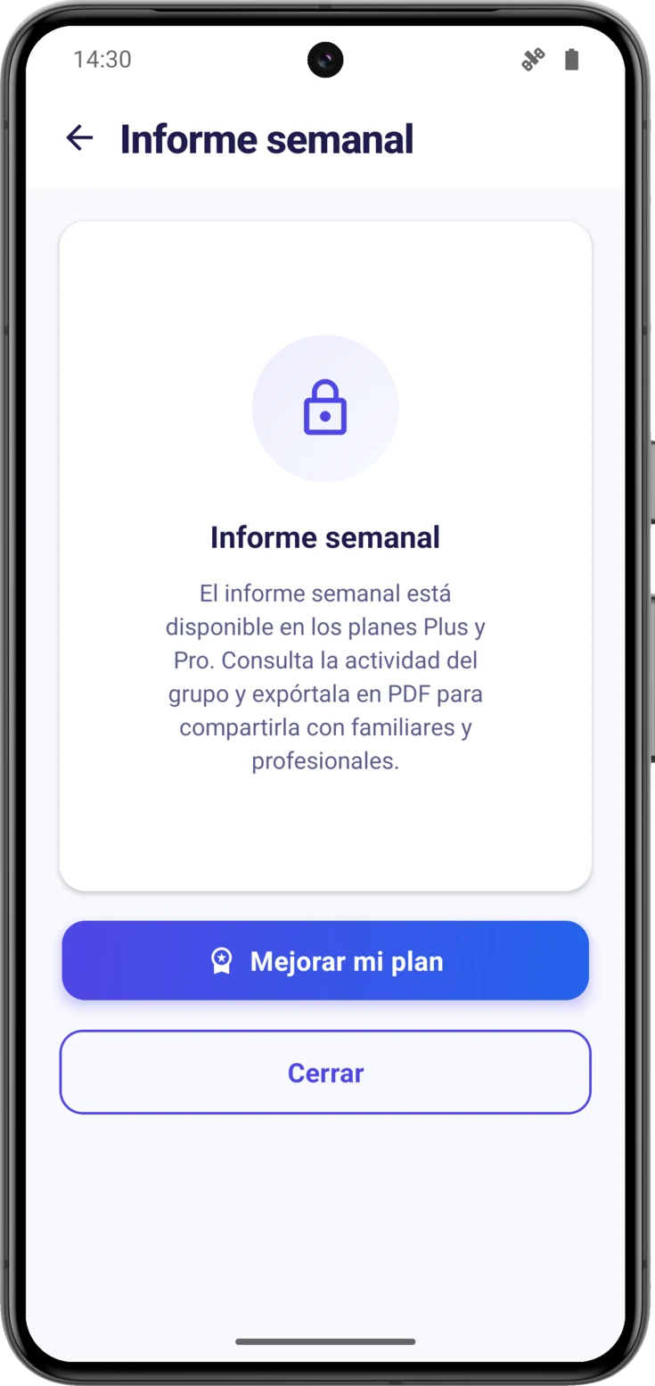 Informe con el candado y el botón de mejorar el plan