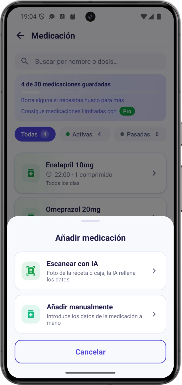 La hoja «Añadir medicación», con las dos formas de crearla