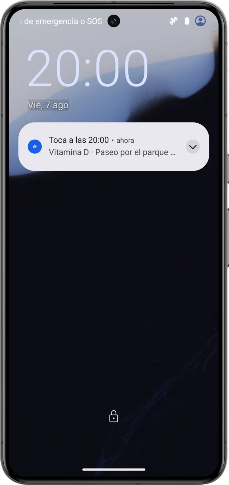 El aviso en la pantalla de bloqueo, con la hora y lo que toca a esa hora
