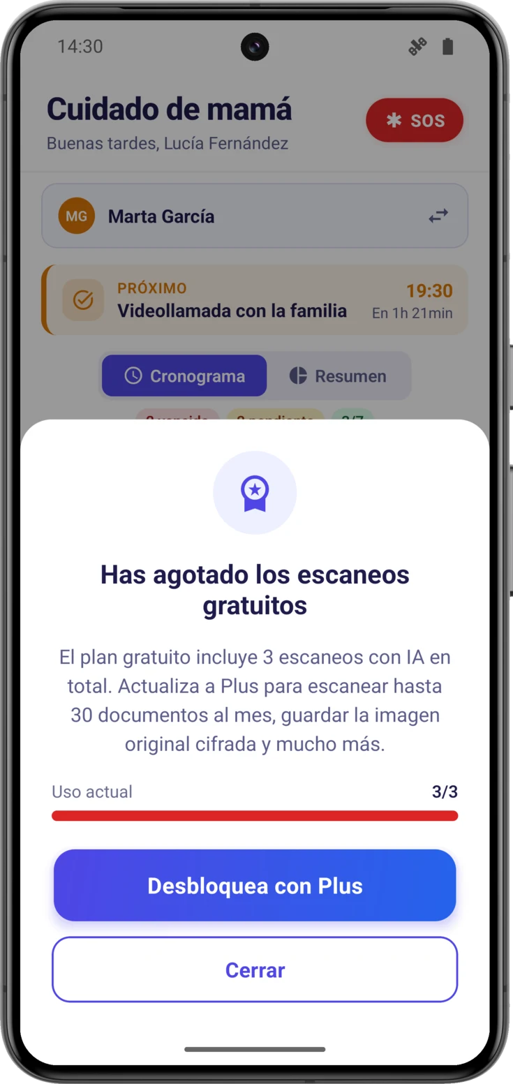 Aviso de escaneos agotados, con el uso actual y el botón de mejorar