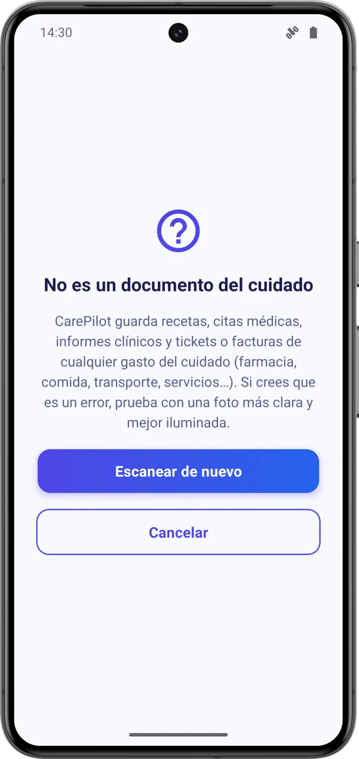 Aviso cuando la IA no reconoce el papel, con «Escanear de nuevo» y «Cancelar»