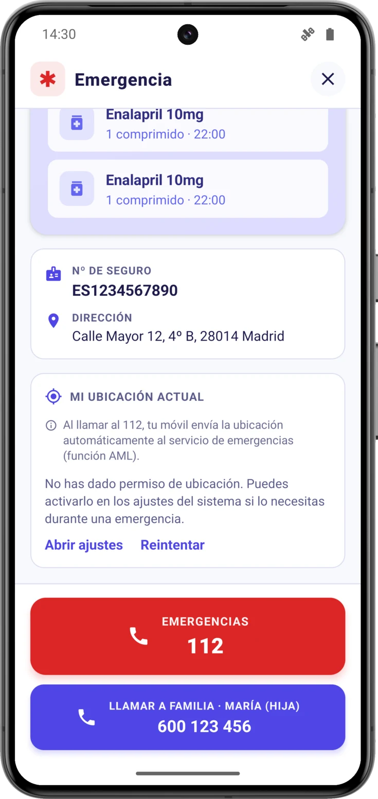 La tarjeta cuando el permiso está denegado, con «Abrir ajustes» y «Reintentar»
