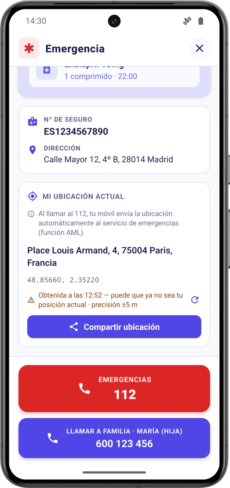 Línea de hora y precisión, con el aviso ámbar de ubicación caducada