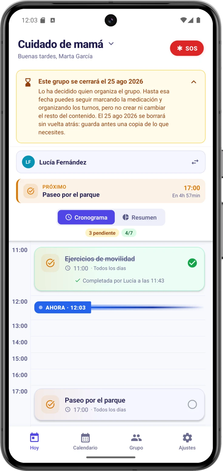 El mismo aviso abierto, con el texto para quien no organiza y sin botón de cancelar