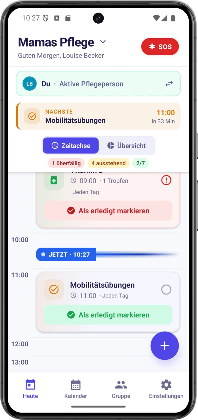 CarePilot-App zeigt die heutige Pflegeschicht