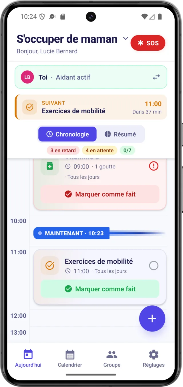 Application CarePilot affichant le tour de garde d'aujourd'hui