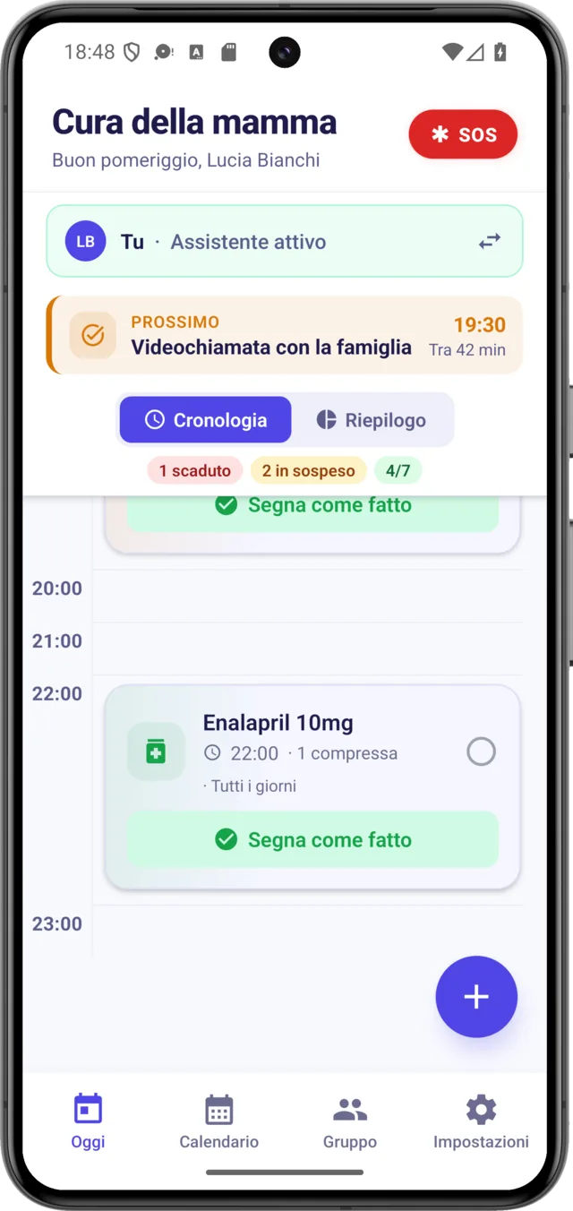 App CarePilot che mostra il turno di cura di oggi