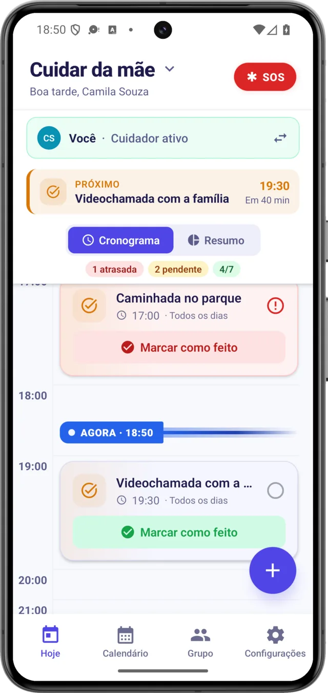 App CarePilot mostrando o plantão de cuidado de hoje
